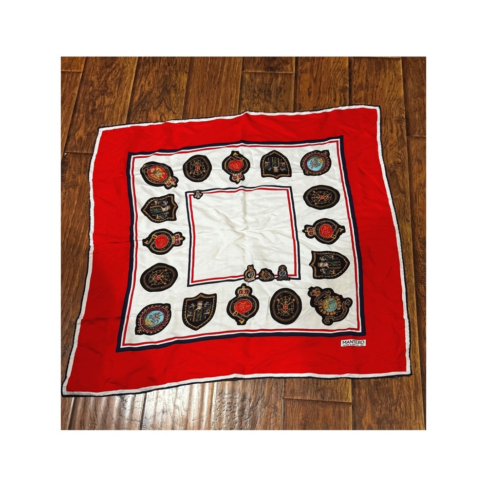 Vintage Mantero Italy 34x34 Heraldic Crest Scarf Red White Blue Square Neck Wrap